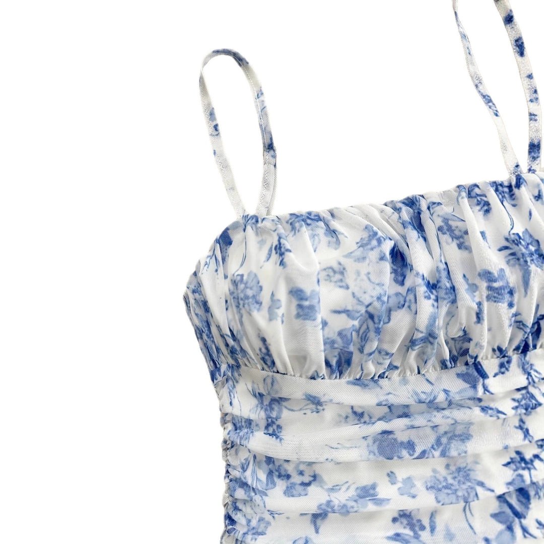 Women's summer floral dress with spaghetti straps and gathers Lune London