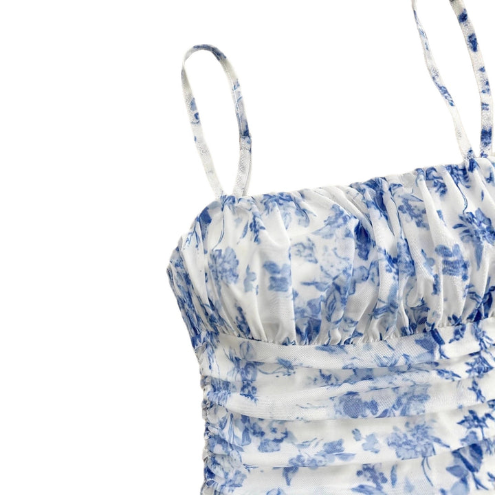 Women's summer floral dress with spaghetti straps and gathers Lune London