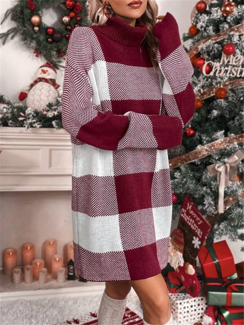 Women's knitted dress with high collar and checkered pattern Lune London