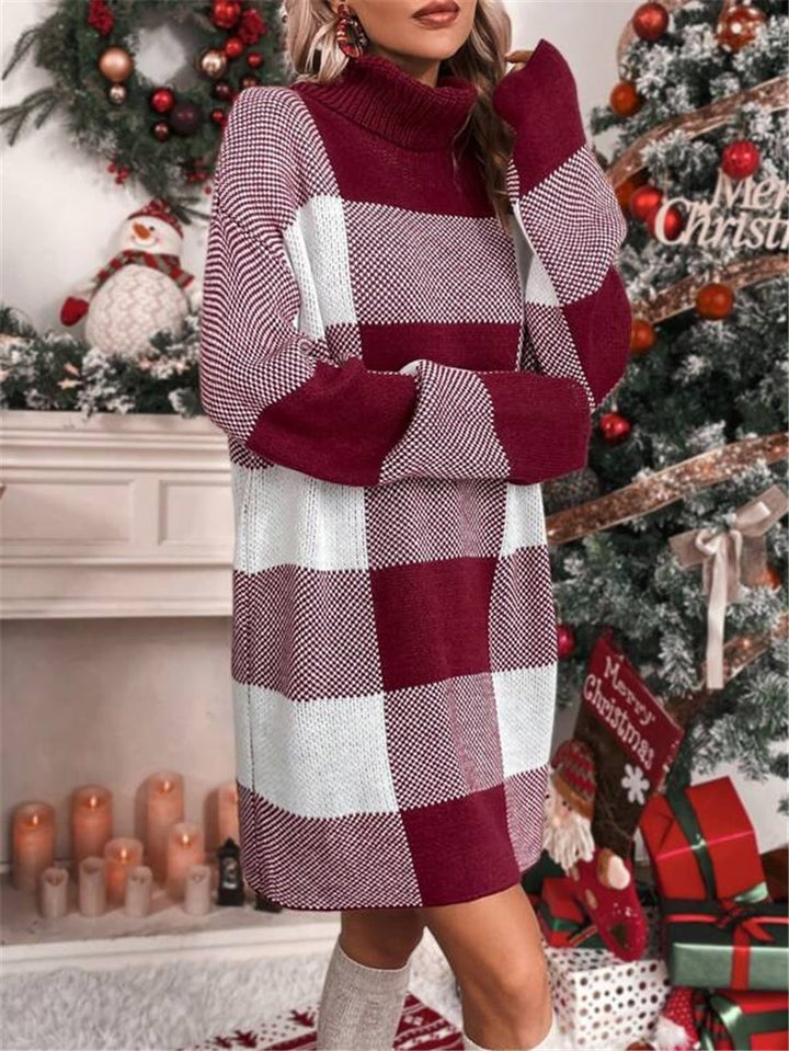 Women's knitted dress with high collar and checkered pattern Lune London