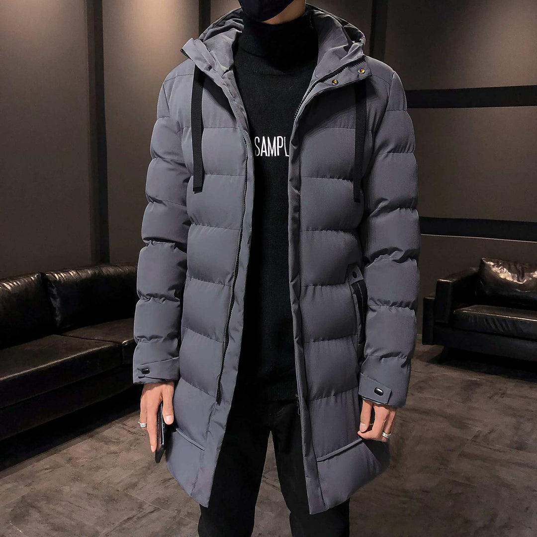 Long insulated puffer jacket for men with hood Lune London