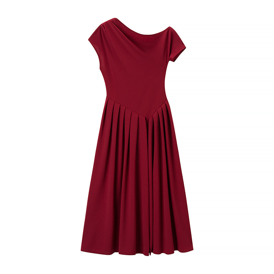 Midi dress for women with elegant pleated skirt and raw edge neckline Lune London