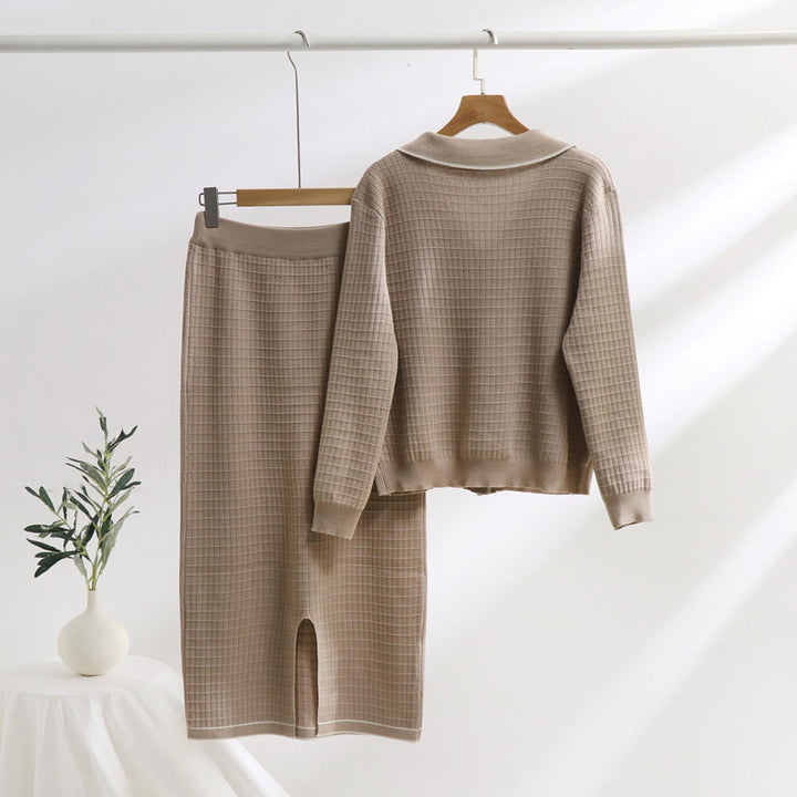 Elegant knit set for ladies with decorative collar and patch pockets Lune London