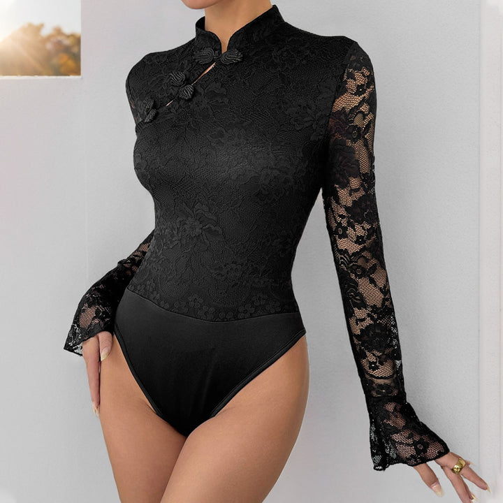 Lace bodysuit for women with mandarin collar detail Lune London