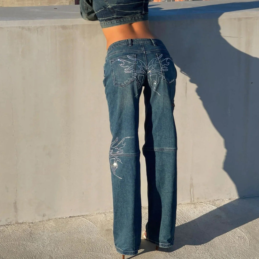 Women's denim pants with unique rhinestone applications Lune London