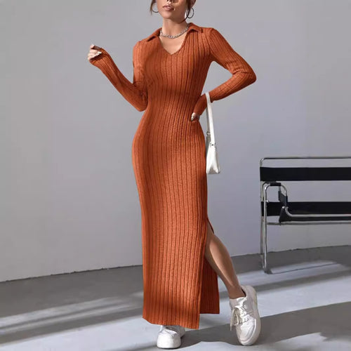 Knit dress for women with deep V-neck and side slit Lune London