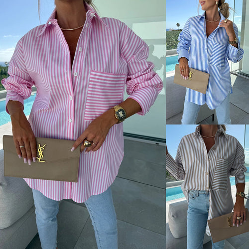 Women Long Sleeve Blouse with Fine Stripes and Practical Chest Pocket Lune London