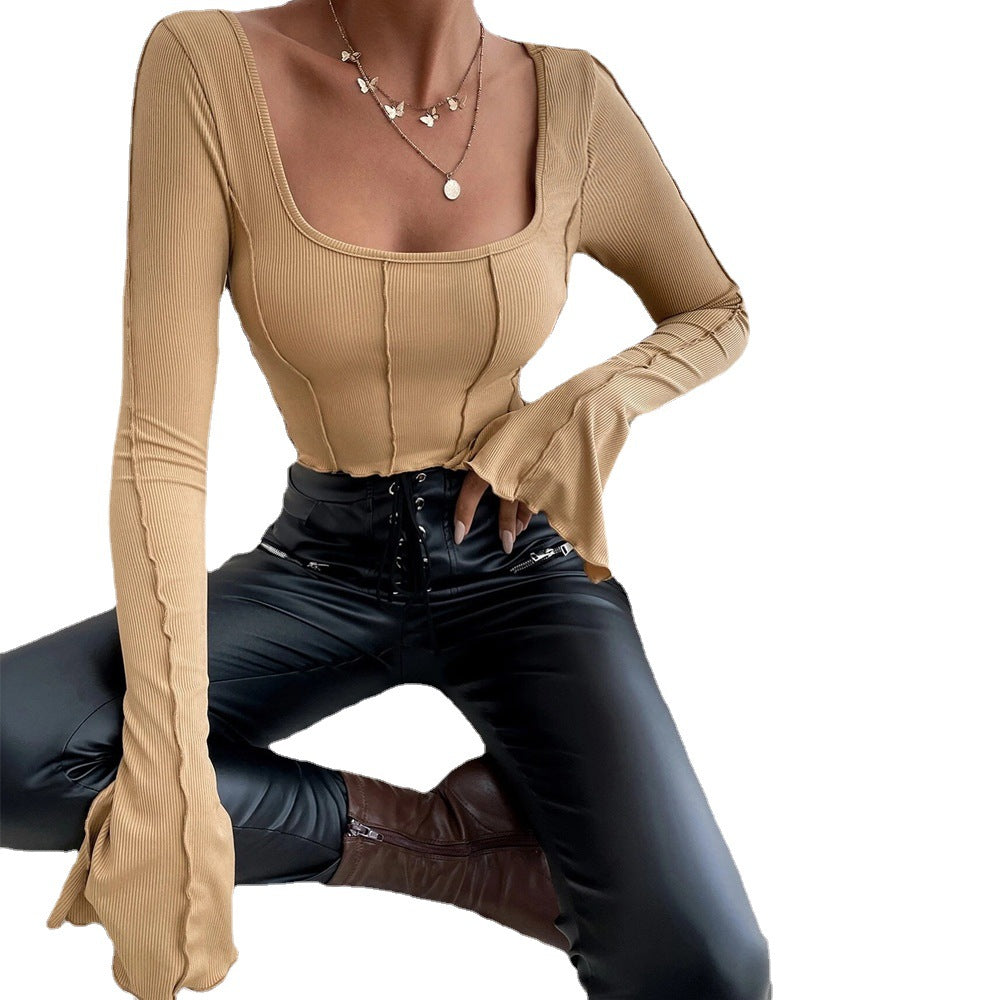 Chic & Stil Women's Short Top Couture with Square Neckline and Long Sleeves