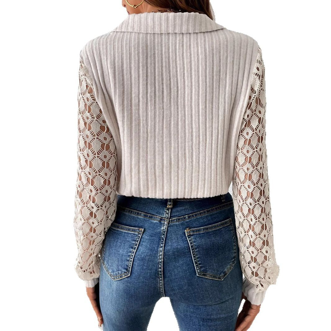 Blouse pour femmes à col en V avec manches en dentelle et texture côtelée Chic & Stil