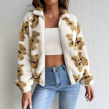 Women's cozy fleece jacket with bear pattern and full zip Lune London