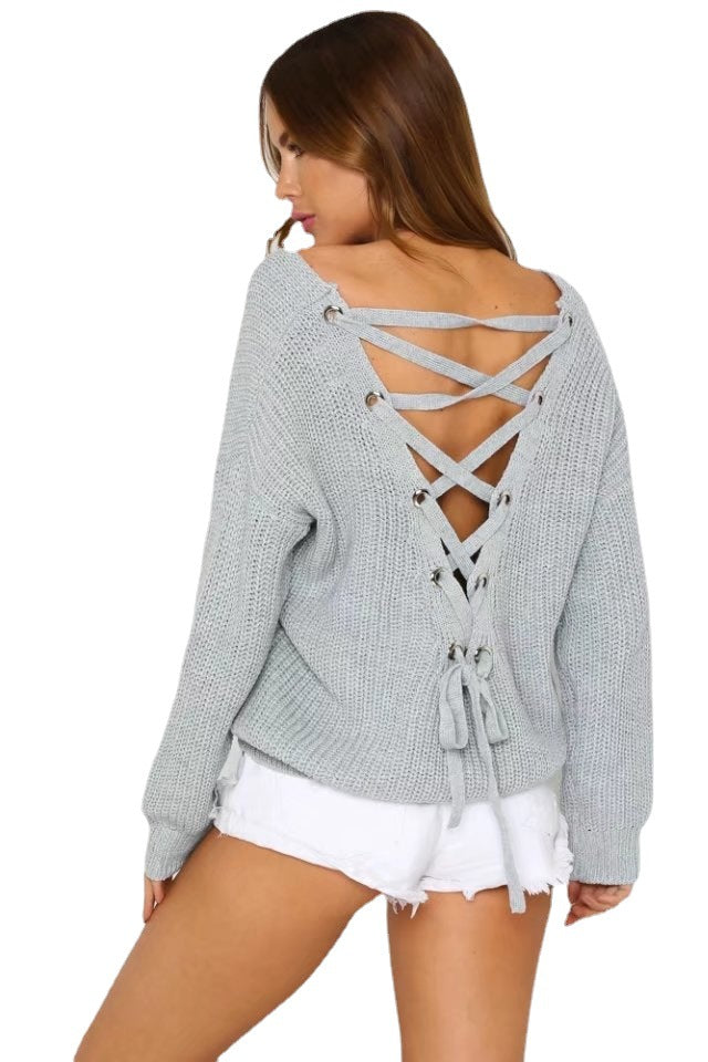Knitted sweater for women with an extravagant back cut and lace-up details Lune London