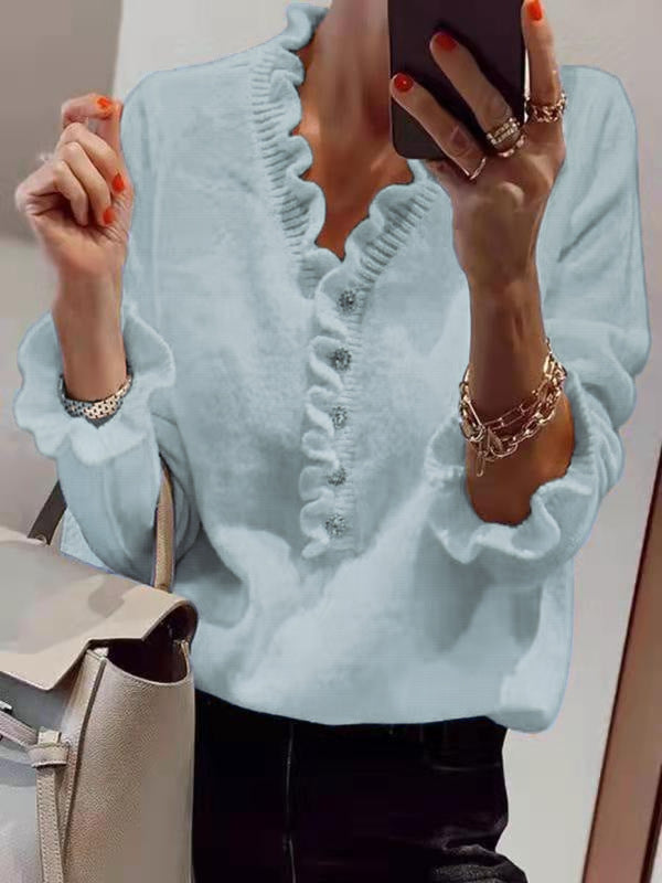 Blouse pour femmes avec un design de volants fluides et patte de boutonnage Chic & Stil