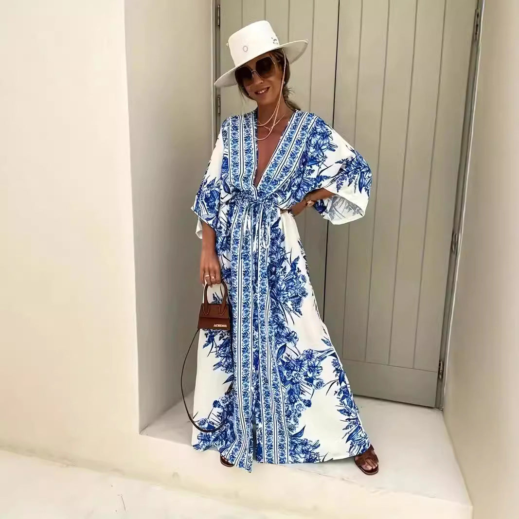 Bohemian maxi dress for women with elegant V-neck and fitted belt Lune London