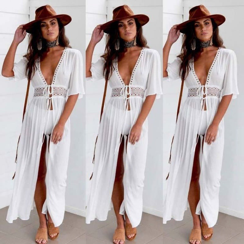 Women Bohemian Crochet Detail Beach Cover-Up Dress Lune London