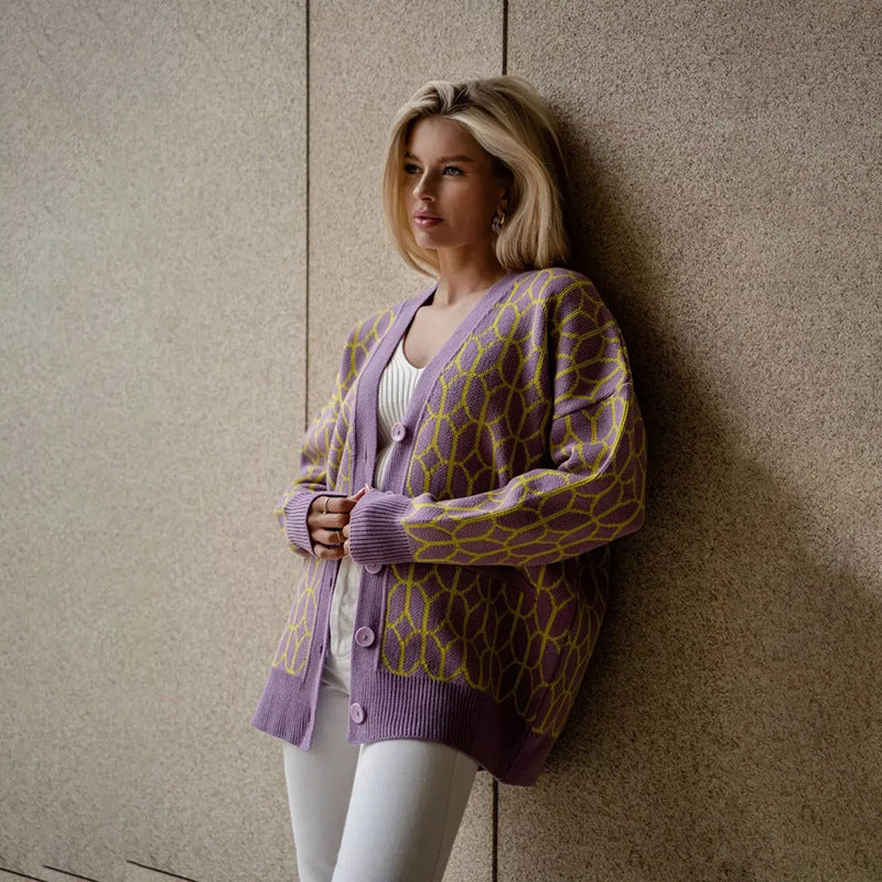 Women Knitted Patterned Cardigan with Large Button Placket Lune London