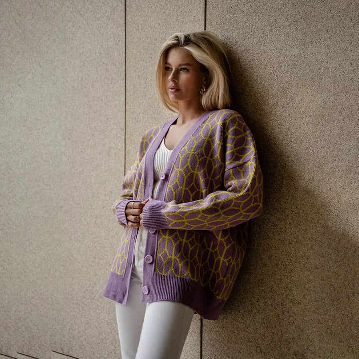 Women Knitted Patterned Cardigan with Large Button Placket Lune London