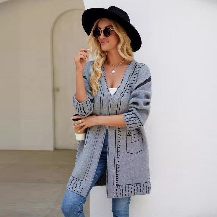 Elegant women's cardigan with deep V-neck and decorative seams Lune London