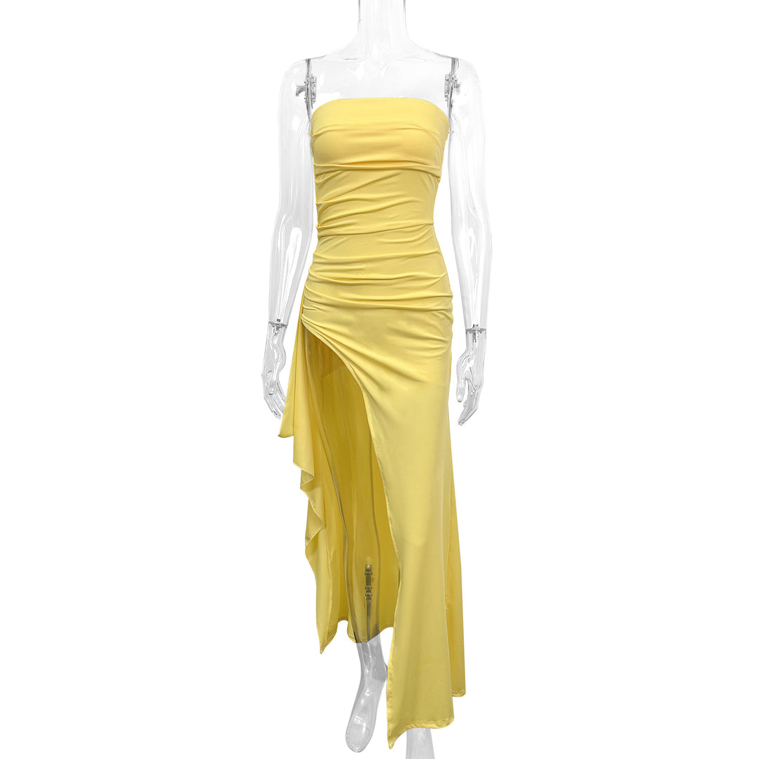 Women Elegant Strapless Evening Dress with Asymmetric Slit Lune London