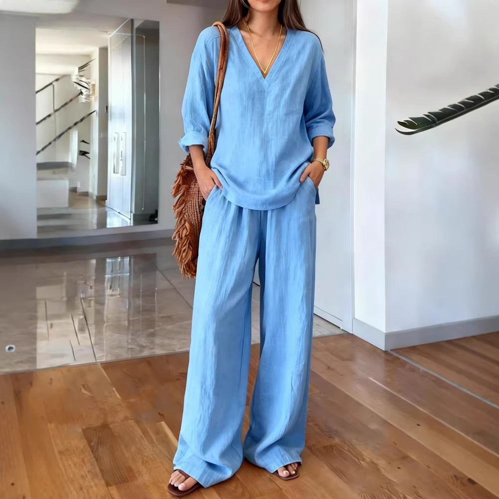 Women's Lightweight Summer Pants with Loose Fit and V-Neck Shirt Lune London