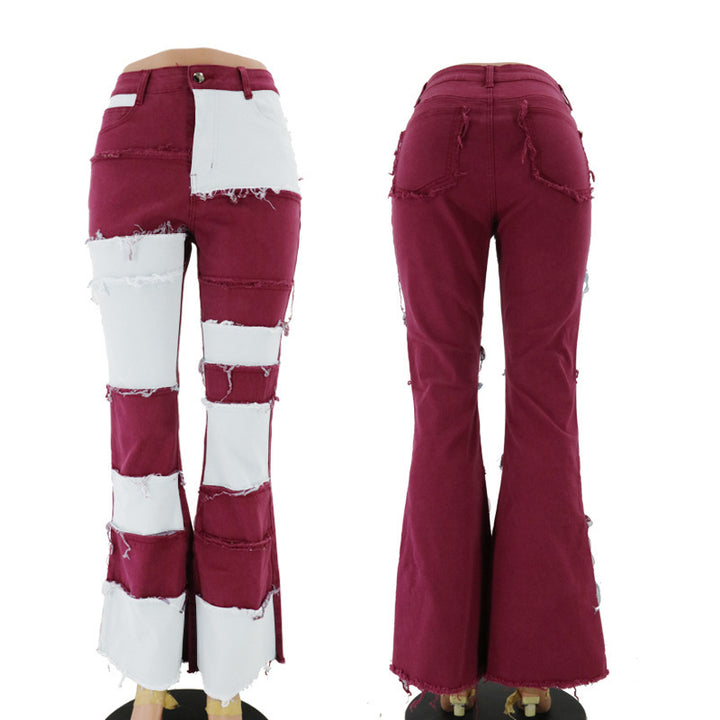 Women's bootcut jeans with a modern patchwork design and casual fringes Lune London