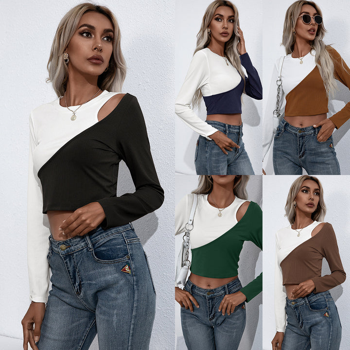 Ladies Long Sleeve Asymmetrical Crop Top in Ribbed Fabric with a Unique Color Design Lune London
