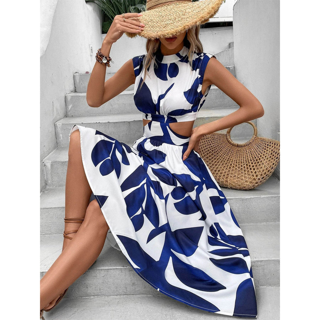 Maxi dress for women with leaf design and cut-out details Lune London