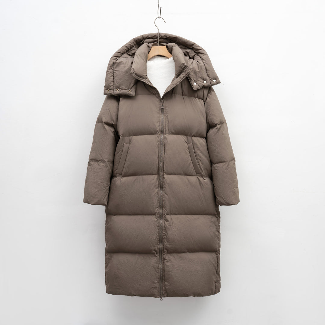 Ladies Long and Bulky Down Coat with Removable Hood and Side Pockets Lune London