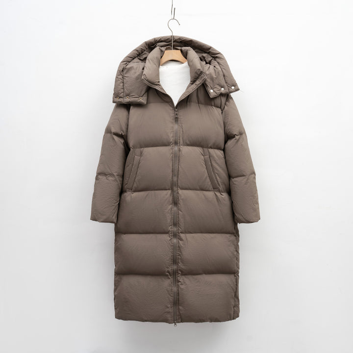 Ladies Long and Bulky Down Coat with Removable Hood and Side Pockets Lune London