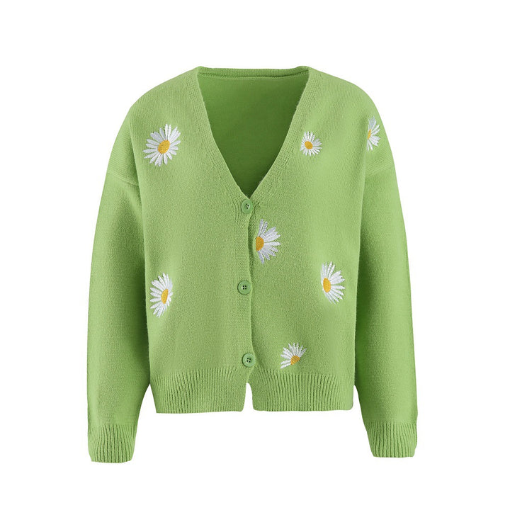 Knitted jacket for women with floral embroidery and V-neck Lune London