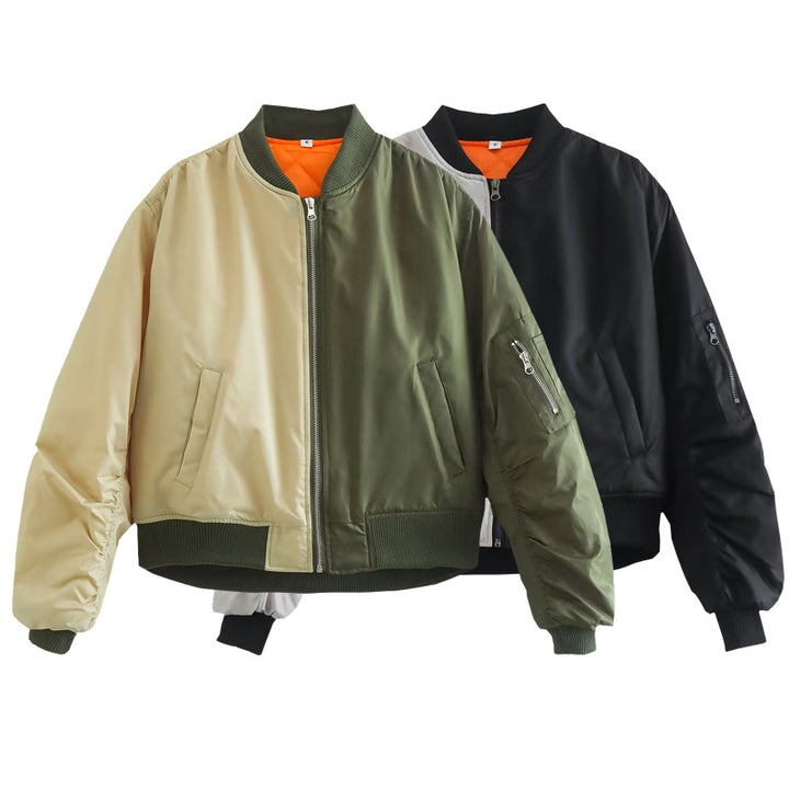 Trendy women's bomber jacket with a playful patchwork design and practical zip pockets Lune London