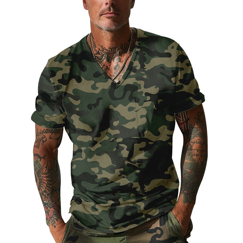 Short sleeve T-shirt for men with V-neck and chic camouflage design
