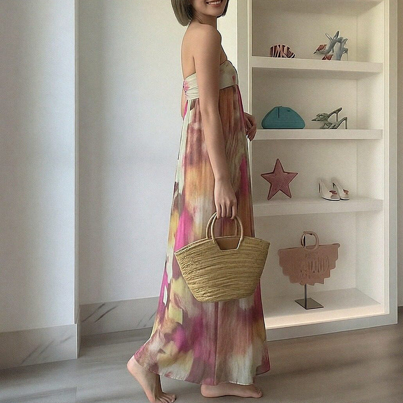 Robe longue de plage pour femmes avec design à épaules dénudées et motif floral Chic & Stil