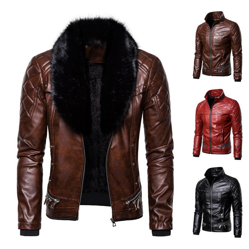 Men's synthetic leather jacket with removable fur collar and speckled surface structure Lune London