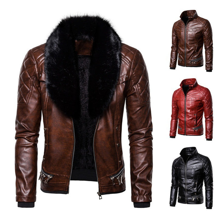 Men's synthetic leather jacket with removable fur collar and speckled surface structure Lune London