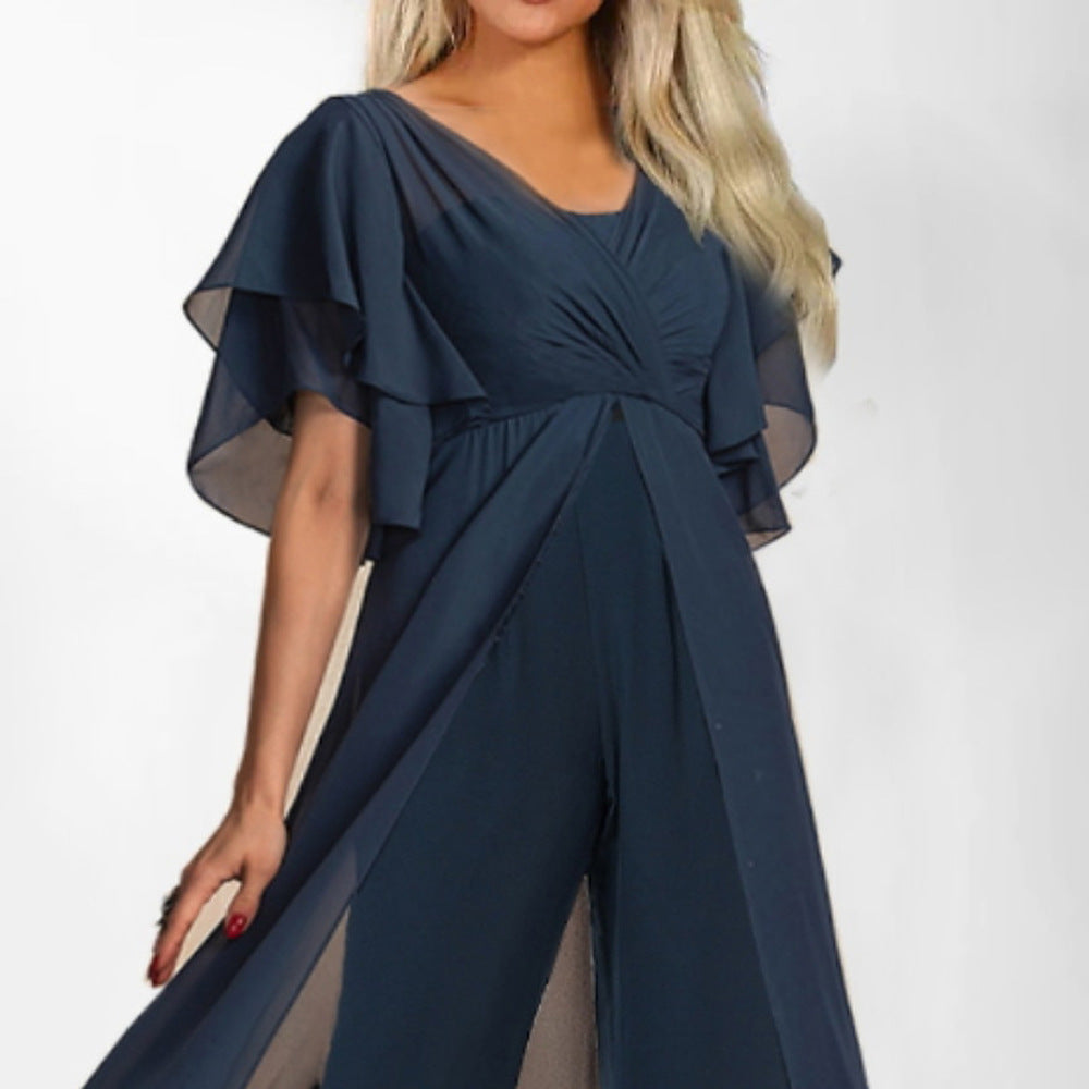 Ladies Elegant Jumpsuit with Chic Chiffon Overlay and Style