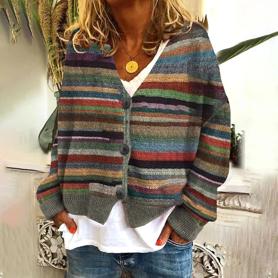 Cardigan tricoté décontracté pour femmes avec des rayures colorées et des détails de boutons Chic & Stil