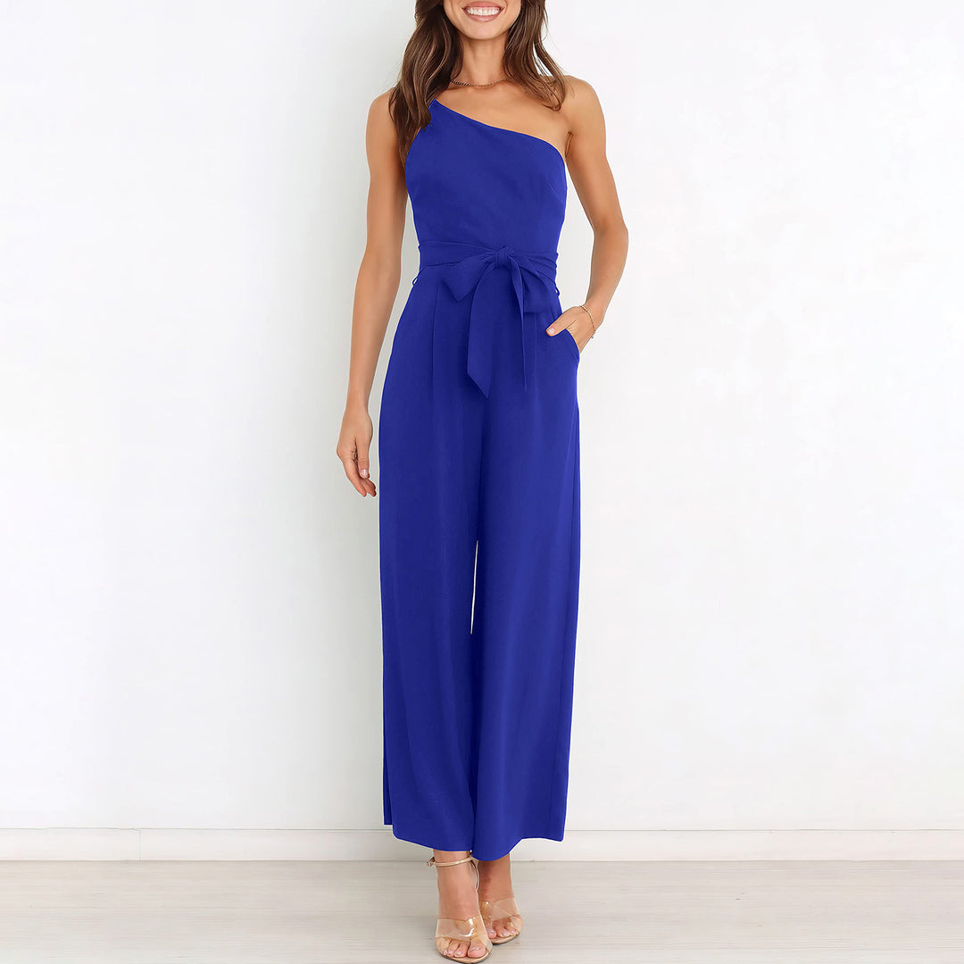 Ladies Elegant Jumpsuit with asymmetrical design and waist belt Lune London