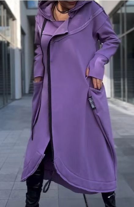 Modern women's hooded coat with side pockets and asymmetrical hem Lune London