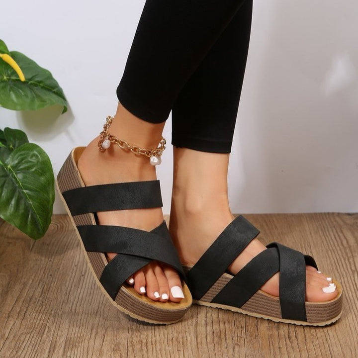 Wedge heel sandals with crossover straps for women Lune London