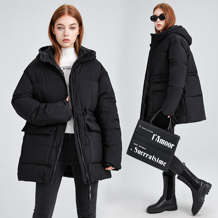 Insulated parka jacket for women with adjustable waist drawstring and practical pockets Lune London