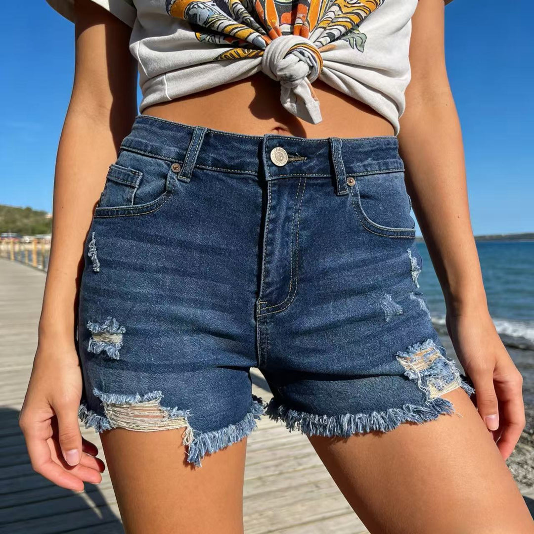 Women's Destroyed Denim Shorts with Frayed Hem and Stylish Ripped Details Lune London