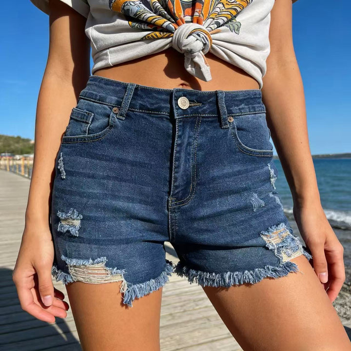 Women's Destroyed Denim Shorts with Frayed Hem and Stylish Ripped Details Lune London