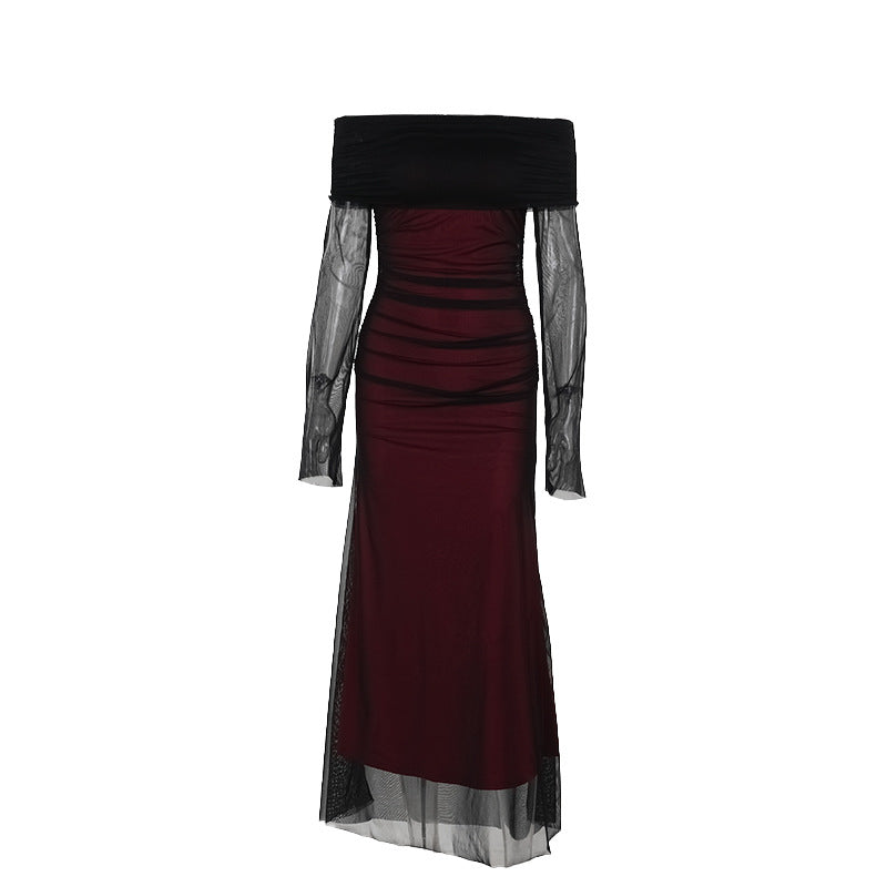 Women's maxi dress with off-the-shoulder top and ruffle details