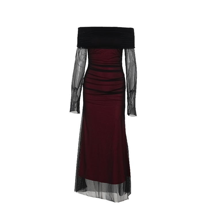 Women's maxi dress with off-the-shoulder top and ruffle details