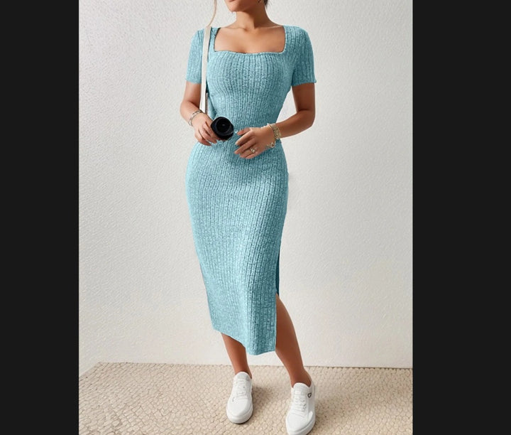 Lune London fitted maxi dress for women with side slits and stretchy material