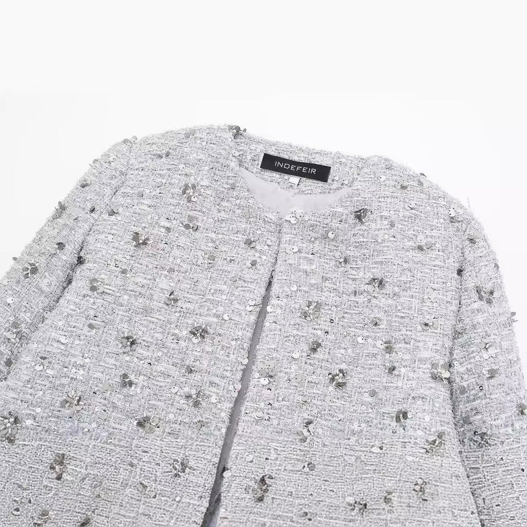 Lune London elegant tweed jacket for women with sparkling sequins and a textured design
