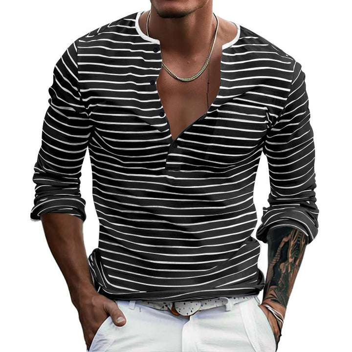 Striped long-sleeved shirt for men with button placket and V-neck Lune London