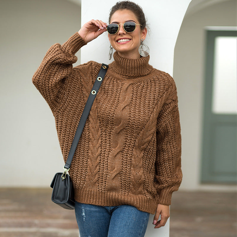 Pull oversize en tricot pour femmes avec col roulé et motif en cable Chic & Stil