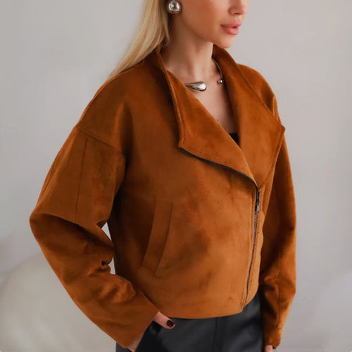 Trendy Brand Leather Jacket for Women with Open Collar and Practical Side Pockets Lune London