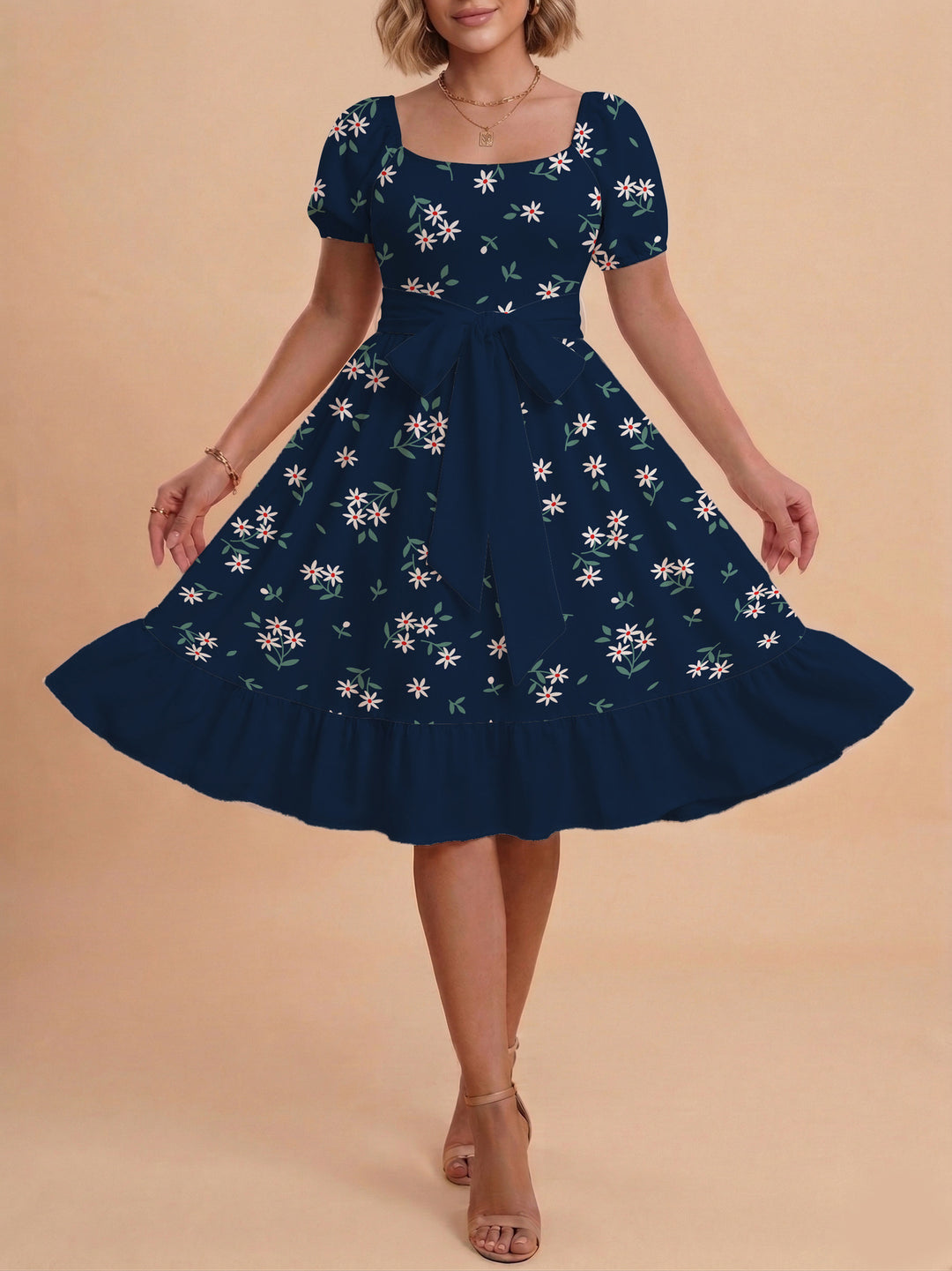 Women's floral dress with adjustable belt and voluminous sleeves Lune London